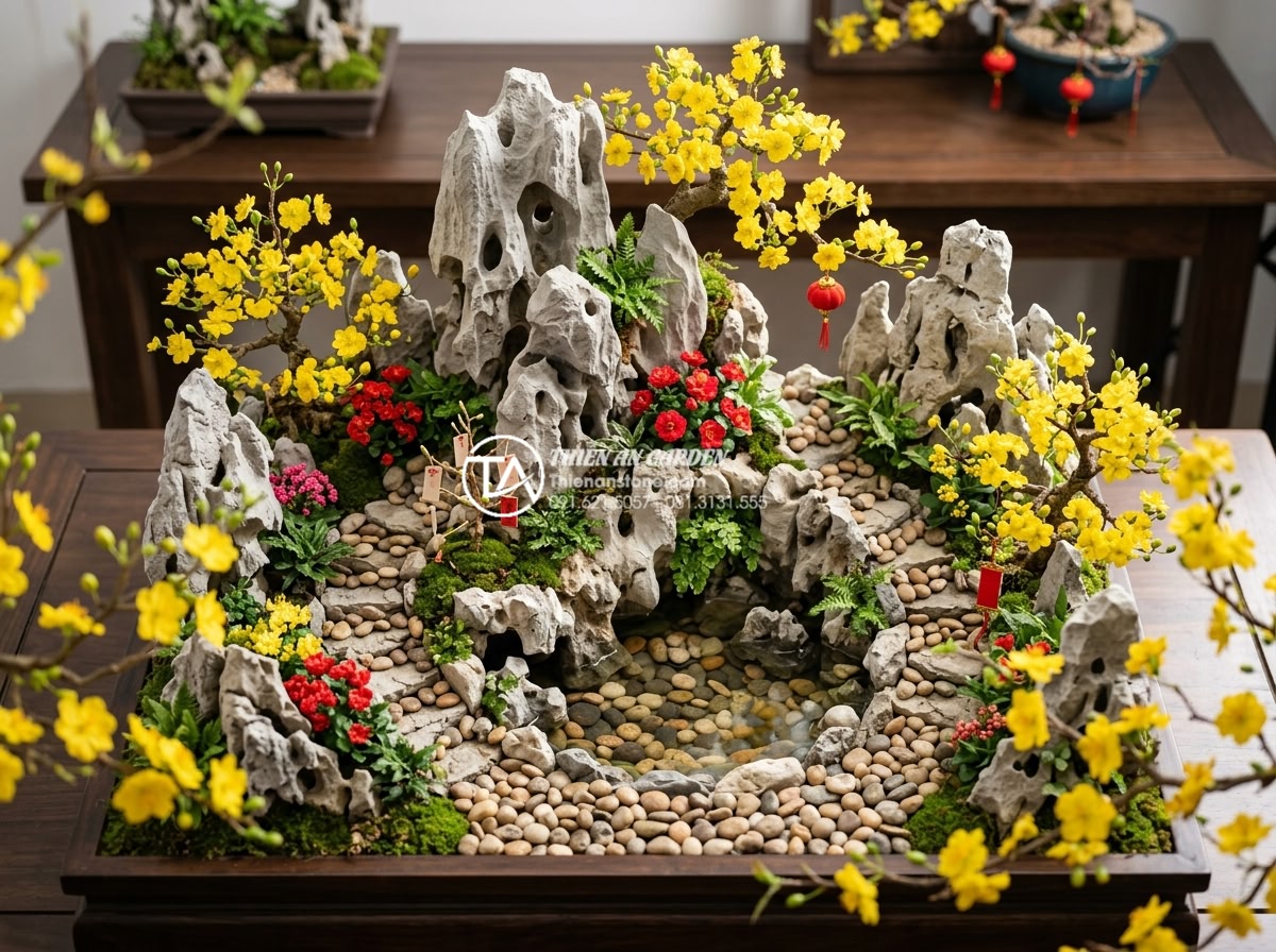 Tiểu Cảnh Hoa Tết - Artistic overhead view of a Vietnamese Tet festive miniature garden with layered