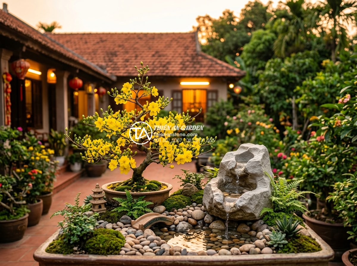 Tiểu Cảnh Hoa Tết - Warm inviting photo of a completed Tet flower miniature garden at sunset, full b