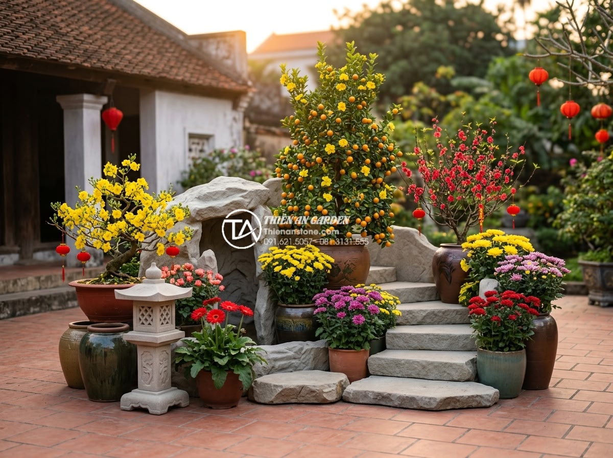 Tiểu Cảnh Hoa Tết - Wide shot comparison of a beautifully arranged Vietnamese Tet flower miniature l