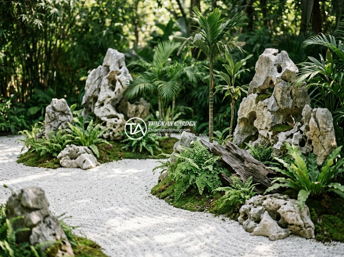Tiểu Cảnh Khô - Hình 12 Tiểu Cảnh Khô - Vietnamese tropical zen dry garden combining white gravel raked bed with tropica
