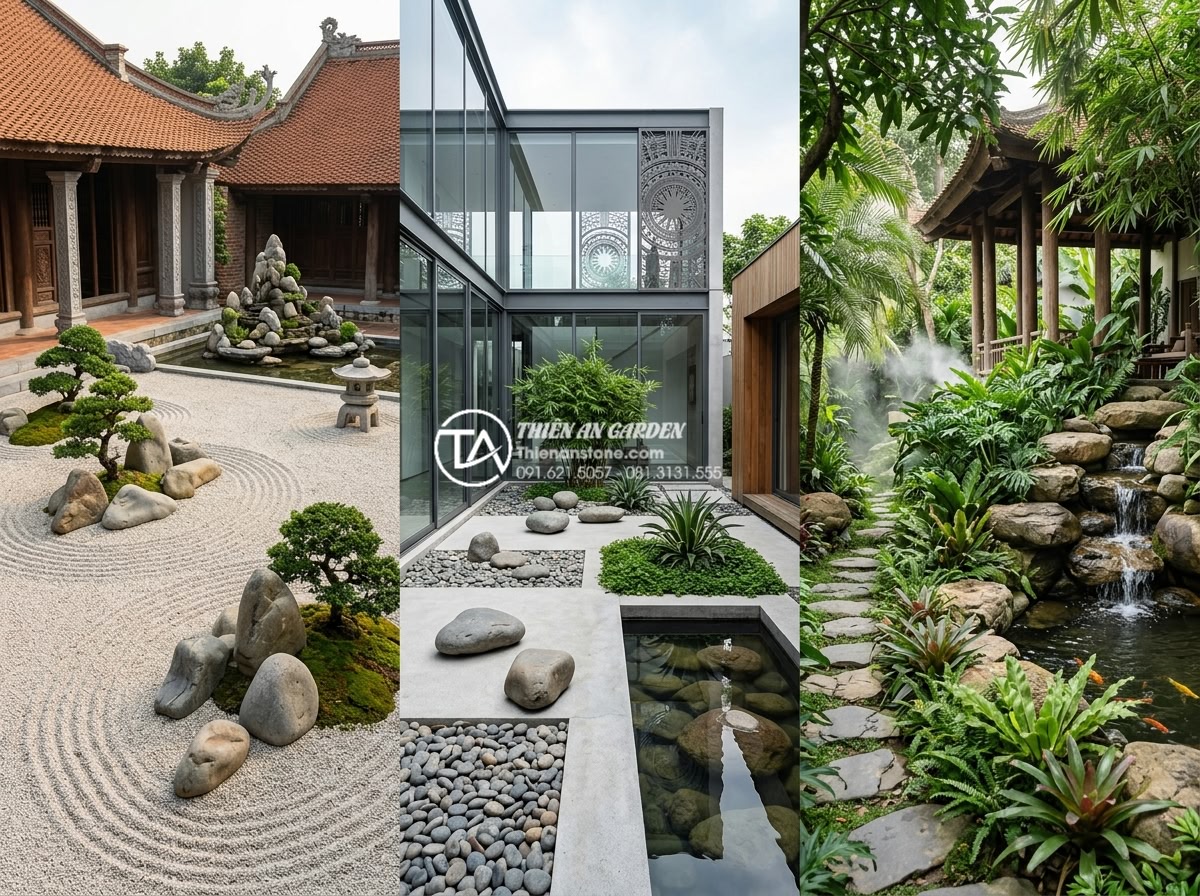 Tiểu Cảnh Khô - Hình 13 Tiểu Cảnh Khô - Comparison layout showing three styles of Vietnamese dry landscape gardens side