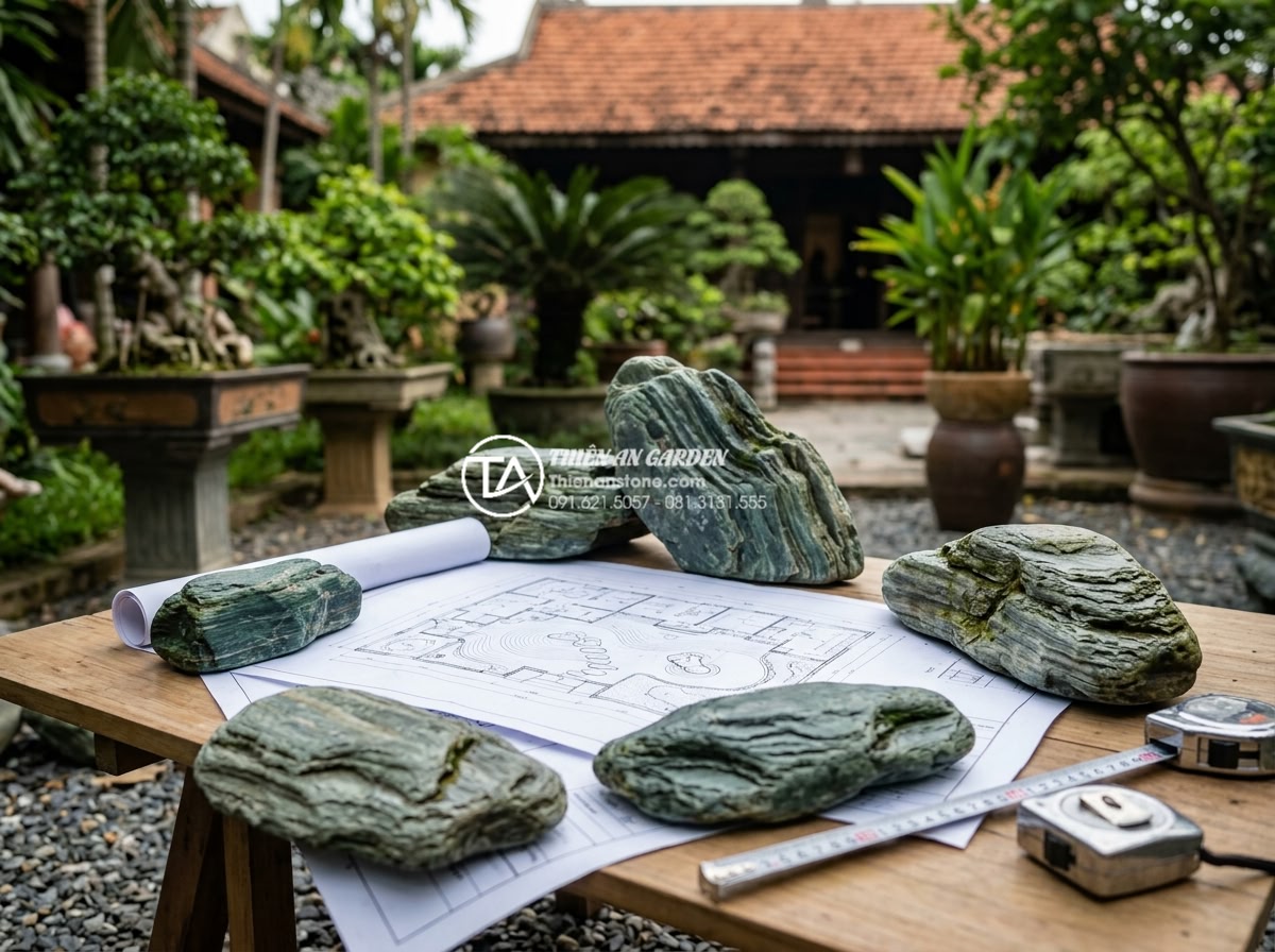 Tiểu Cảnh Khô - Hình 22 Tiểu Cảnh Khô - Landscape architect reviewing zen dry garden design blueprint on site, measuring