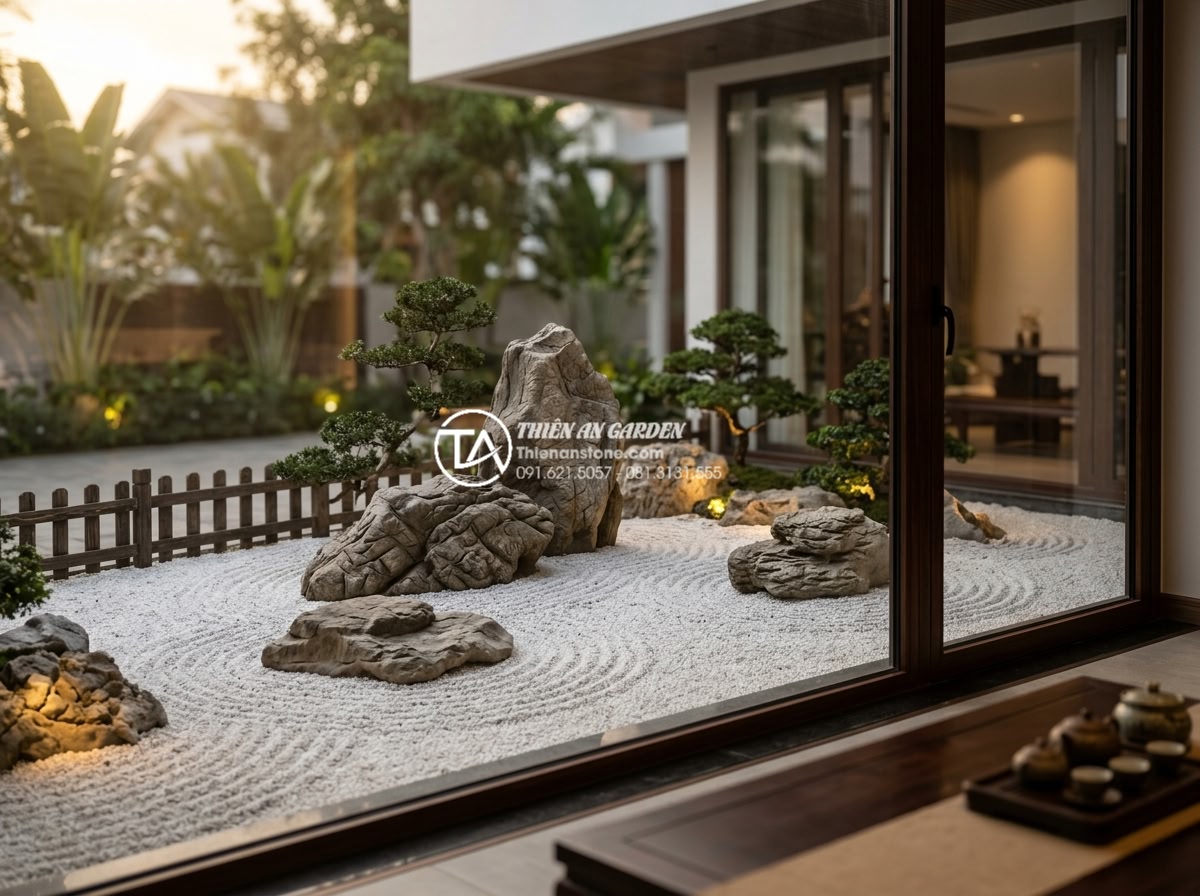 Tiểu Cảnh Khô - Hình 25 Tiểu Cảnh Khô - Completed zen dry garden viewed from main observation point through glass window