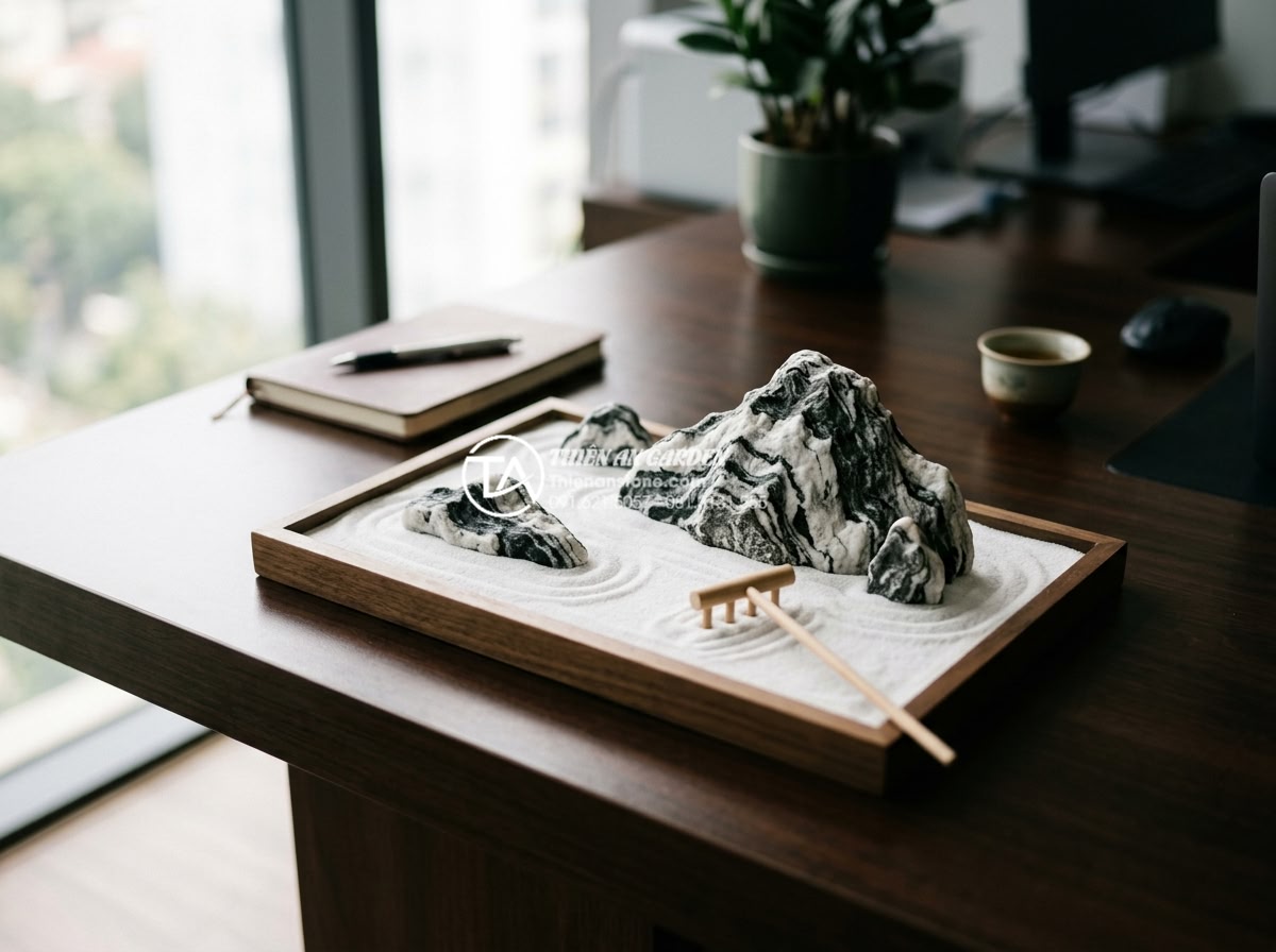 Tiểu Cảnh Khô - Hình 28 Tiểu Cảnh Khô - Compact tabletop zen dry garden kit with miniature stones and white sand on offi
