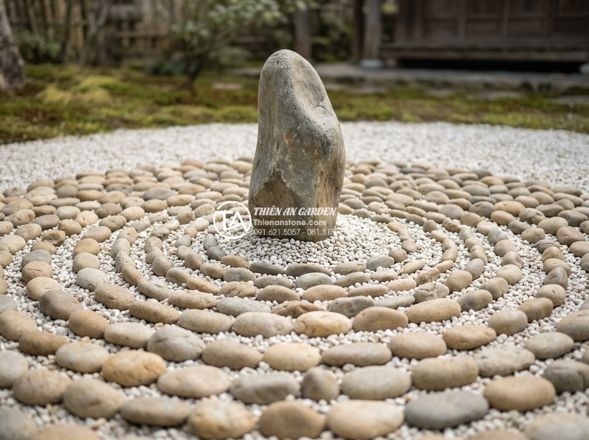 Tiểu Cảnh Khô - Hình 3 Tiểu Cảnh Khô - Close up detail of white pebble gravel with perfectly raked concentric circles a