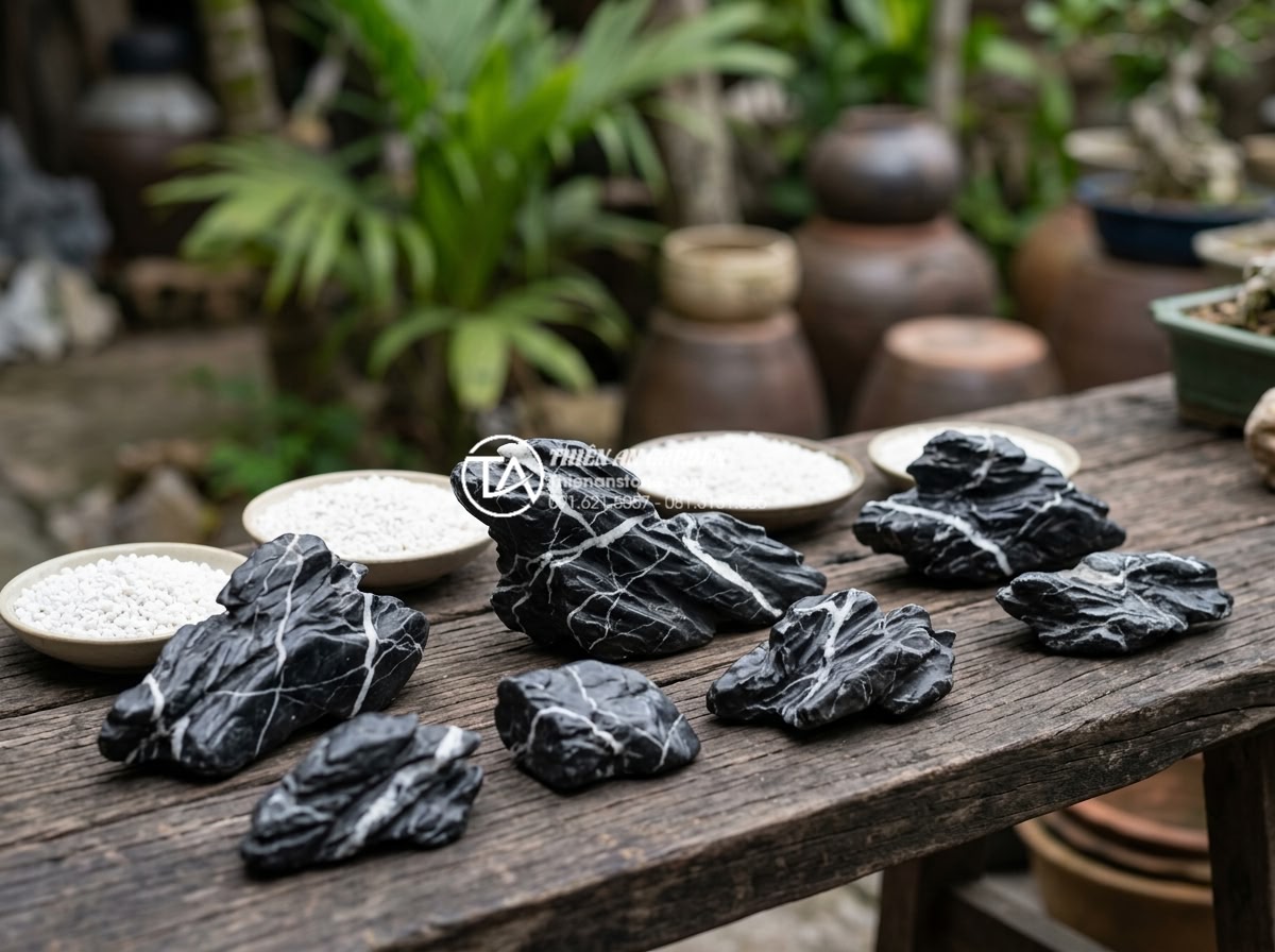 Tiểu Cảnh Khô - Hình 30 Tiểu Cảnh Khô - Various types of natural stones and white gravel samples arranged for zen garden