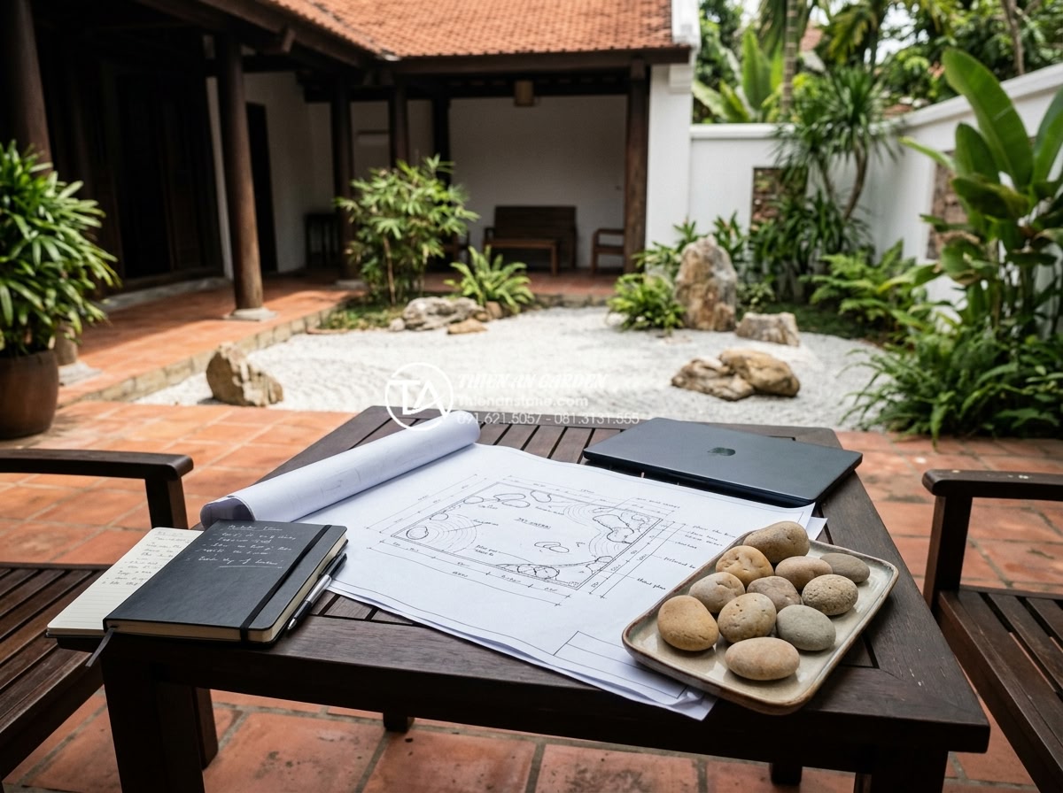 Tiểu Cảnh Khô - Hình 31 Tiểu Cảnh Khô - Professional consultation meeting for zen dry garden project at Vietnamese villa