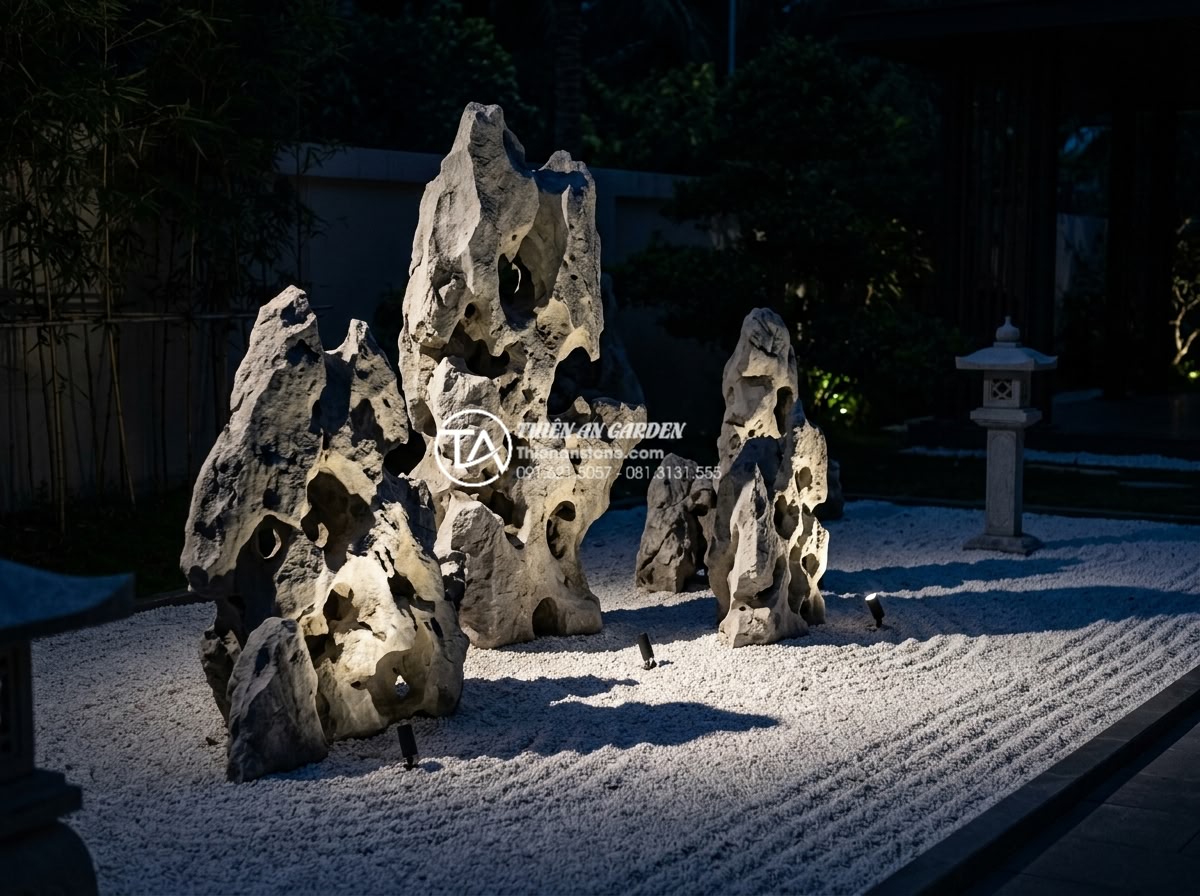 Tiểu Cảnh Khô - Hình 33 Tiểu Cảnh Khô - Zen dry garden dramatically lit at night with hidden LED uplights illuminating s