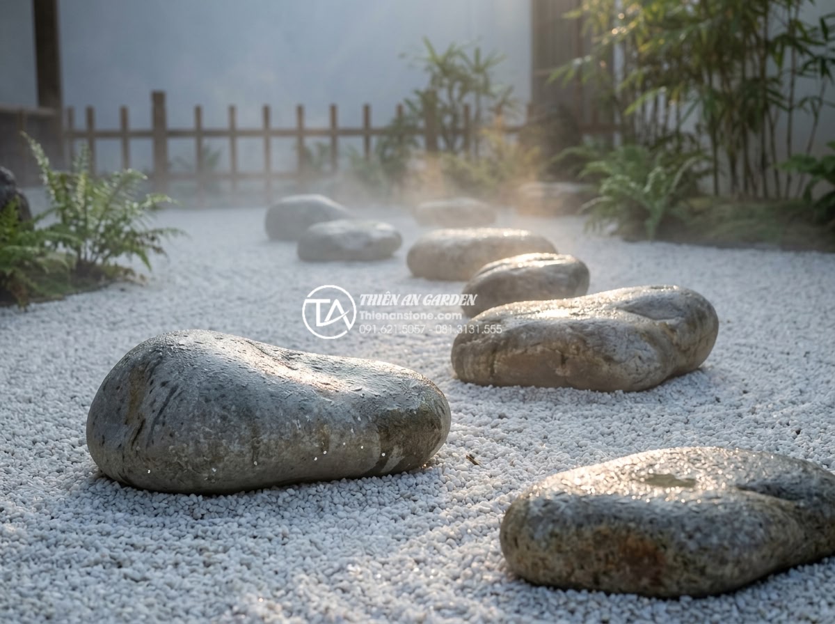 Tiểu Cảnh Khô - Hình 35 Tiểu Cảnh Khô - Early morning zen dry garden with morning dew on stones, light mist hovering ove
