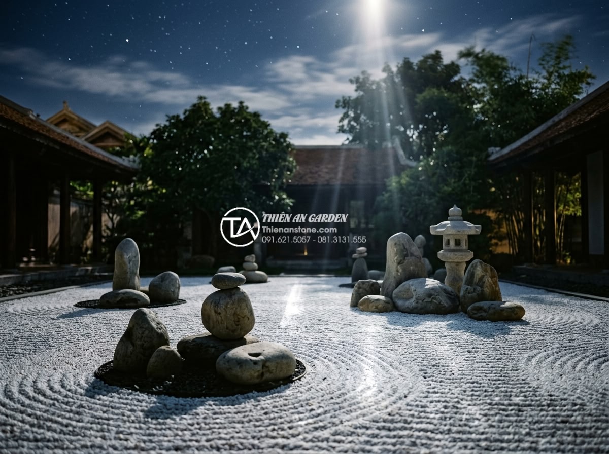 Tiểu Cảnh Khô - Hình 36 Tiểu Cảnh Khô - Zen dry garden under moonlight, silver moonbeams reflecting off white gravel sur