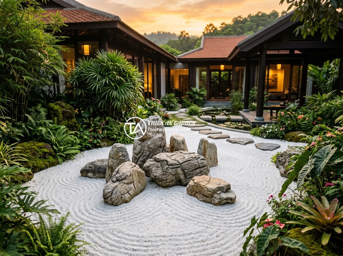 Tiểu Cảnh Khô - Hình 39 Tiểu Cảnh Khô - Beautiful completed zen dry garden in Vietnamese luxury villa at sunset, perfect