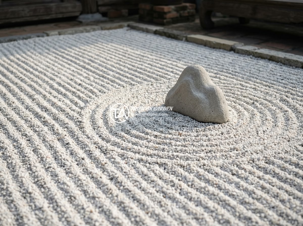 Tiểu Cảnh Khô - Hình 8 Tiểu Cảnh Khô - Close up of white gravel zen garden with perfectly raked parallel lines and conc