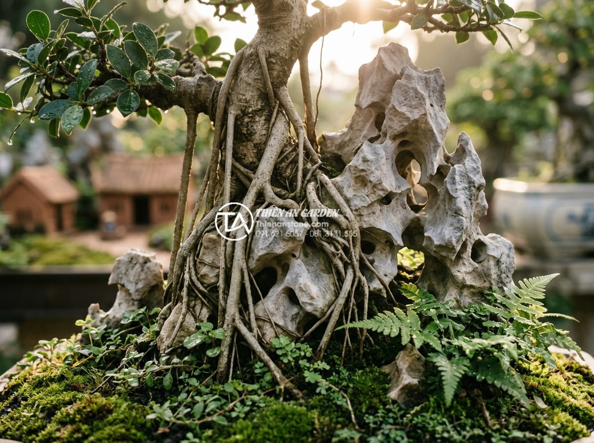 Tiểu Cảnh Làng Quê Bắc Bộ - Hình 15 Tiểu Cảnh Làng Quê Bắc Bộ - Close up of sanh bonsai tree with aerial roots gripping natural stone in Vietnam