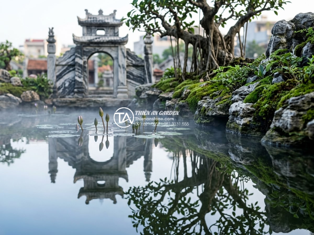 Tiểu Cảnh Làng Quê Bắc Bộ - Hình 17 Tiểu Cảnh Làng Quê Bắc Bộ - Miniature Vietnamese village pond with still water reflecting stone gate and ban