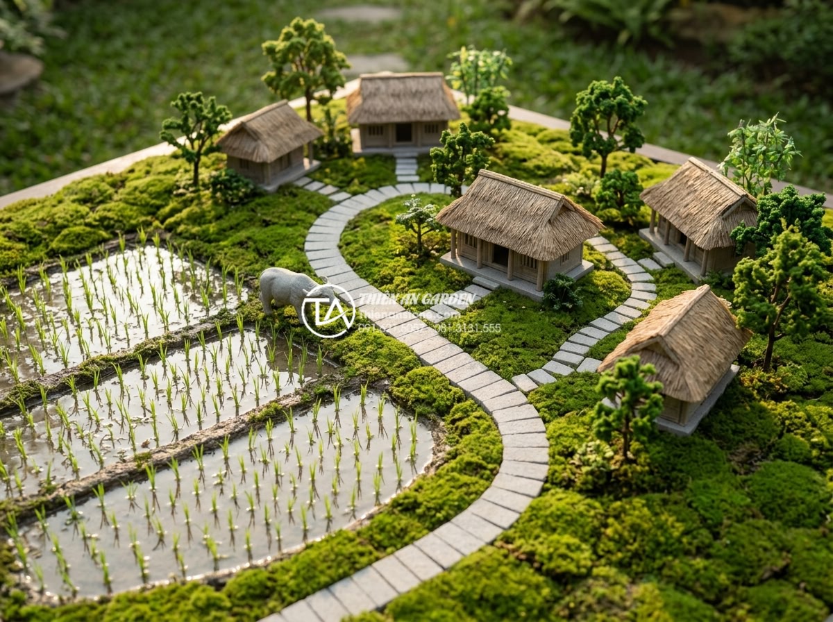 Tiểu Cảnh Làng Quê Bắc Bộ - Hình 2 Tiểu Cảnh Làng Quê Bắc Bộ - Aerial view of Vietnamese traditional village miniature garden scene with paddy