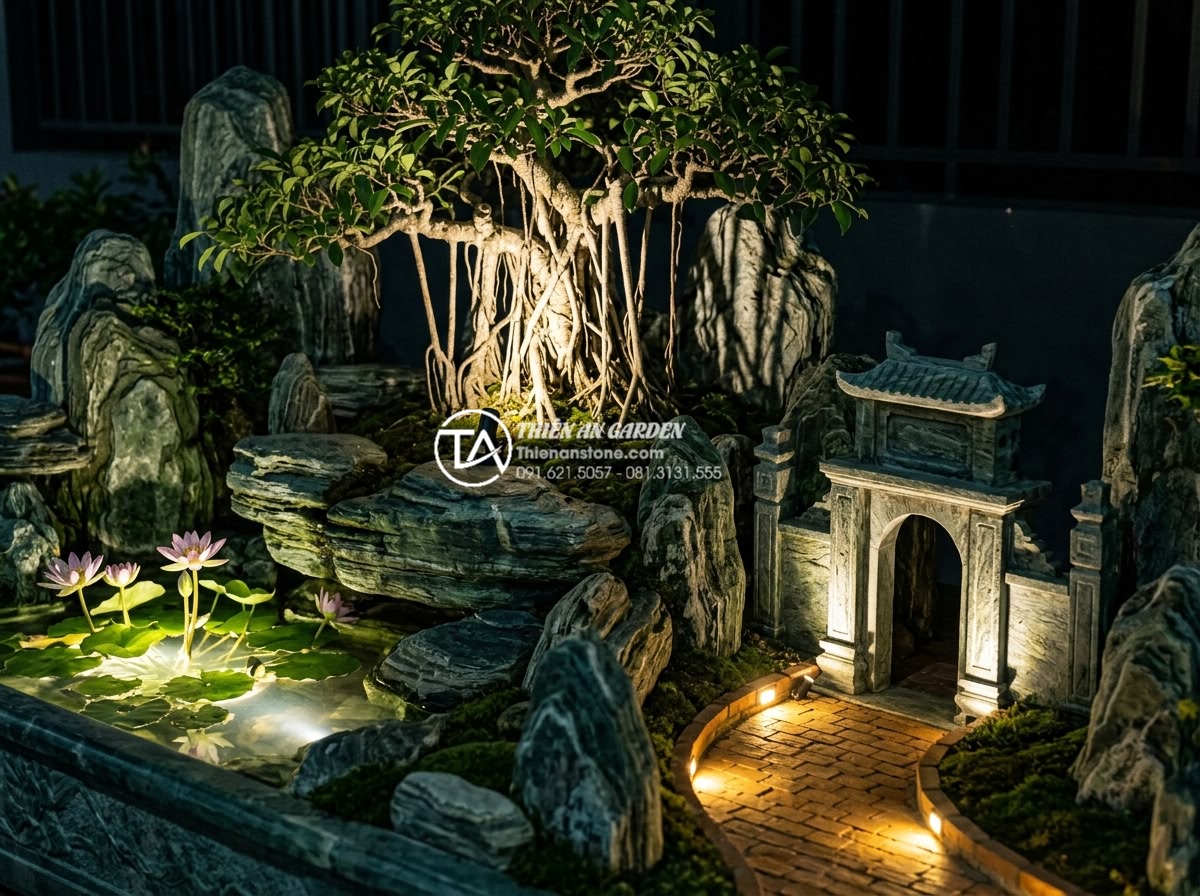 Tiểu Cảnh Làng Quê Bắc Bộ - Hình 25 Tiểu Cảnh Làng Quê Bắc Bộ - Vietnamese village miniature garden at night with professional landscape lightin
