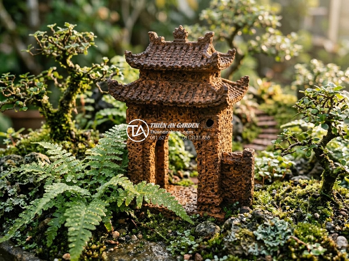 Tiểu Cảnh Làng Quê Bắc Bộ - Hình 3 Tiểu Cảnh Làng Quê Bắc Bộ - Close up detail of miniature Vietnamese village gate made from natural laterite