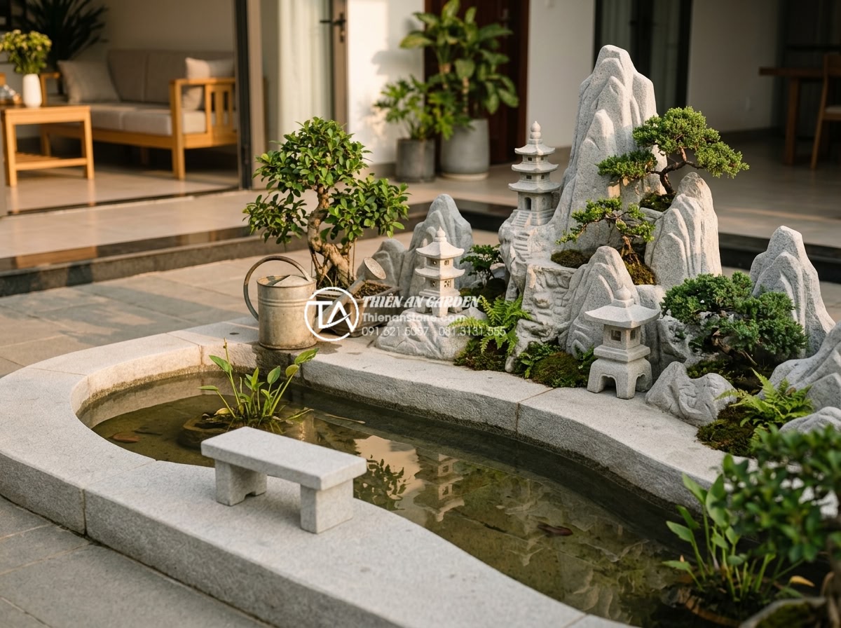 Tiểu Cảnh Làng Quê Bắc Bộ - Hình 31 Tiểu Cảnh Làng Quê Bắc Bộ - Family enjoying Vietnamese village miniature garden, grandfather telling stories