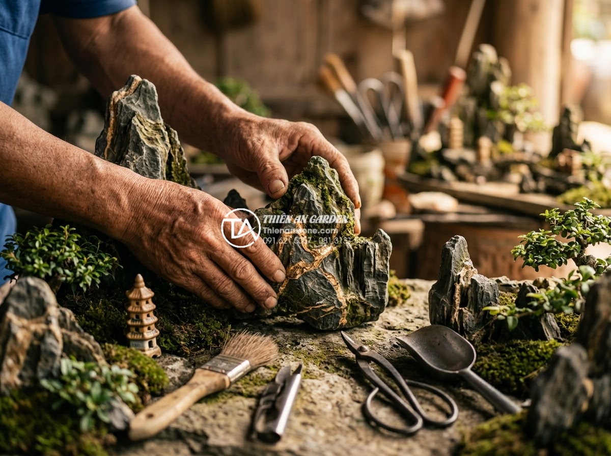 Tiểu Cảnh Làng Quê Bắc Bộ - Hình 9 Tiểu Cảnh Làng Quê Bắc Bộ - Artisan carefully placing natural moss-covered stone in Vietnamese village minia
