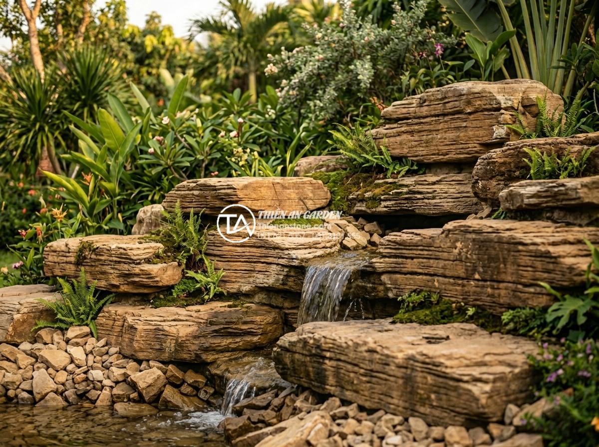Tiểu Cảnh Non Bộ Sân Vườn - Sedimentary layered stone rockery in garden setting showing horizontal stratific