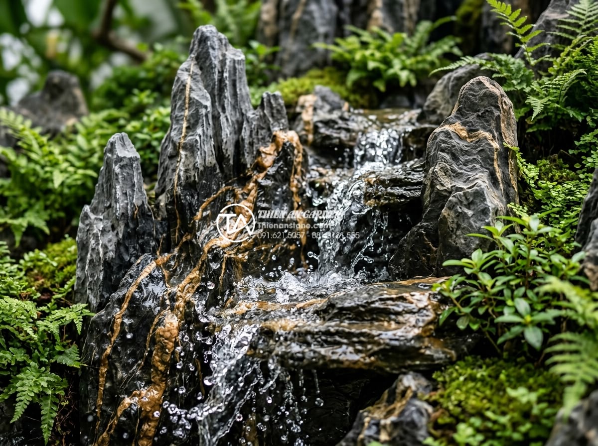 Tiểu Cảnh Non Bộ Sân Vườn - Water feature detail in garden rockery showing crystal clear water flowing over 