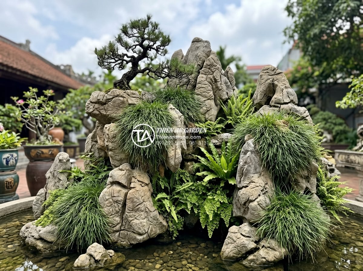 Tiểu Cảnh Non Bộ Sân Vườn - Garden rockery with cascading grass-like plants flowing over stone edges, miniat