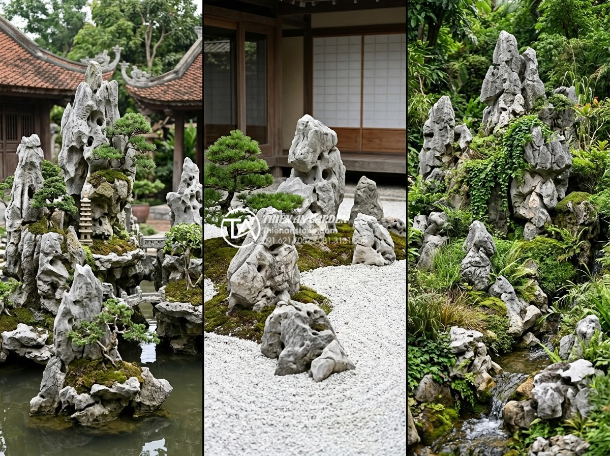 Tiểu Cảnh Non Bộ Sân Vườn - Split comparison image showing three different garden rockery styles side by sid