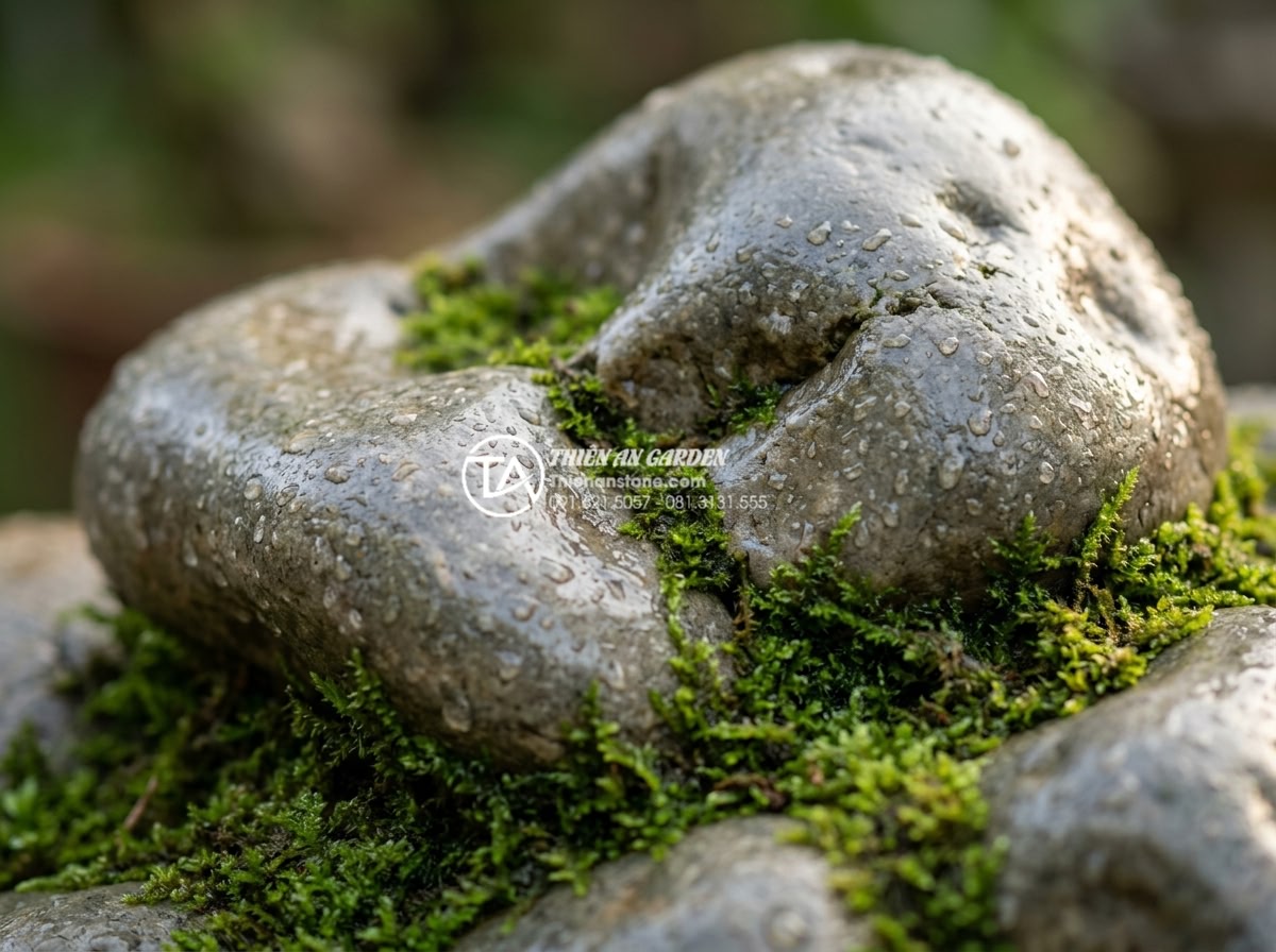 Tiểu Cảnh Non Bộ Sân Vườn - Close-up detail shot of natural stone rockery with intricate veining patterns, w