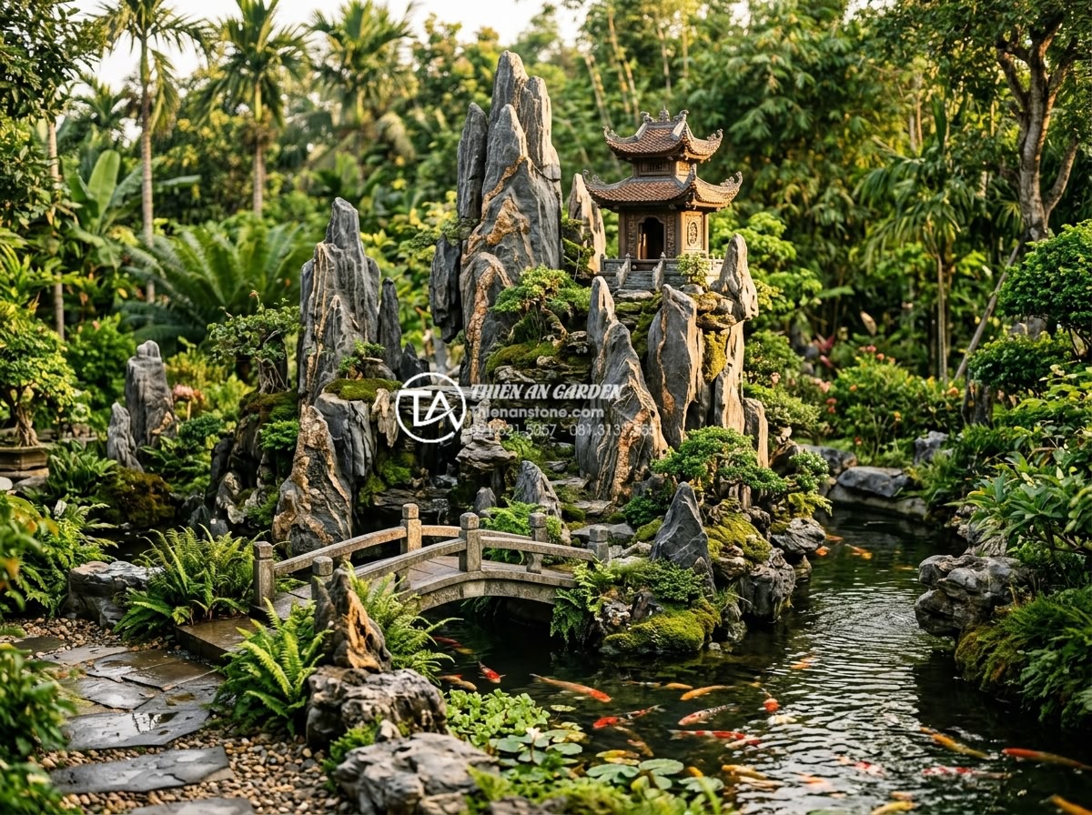Tiểu Cảnh Non Bộ Sân Vườn - Traditional Vietnamese style garden rockery with multiple pointed peaks, small s