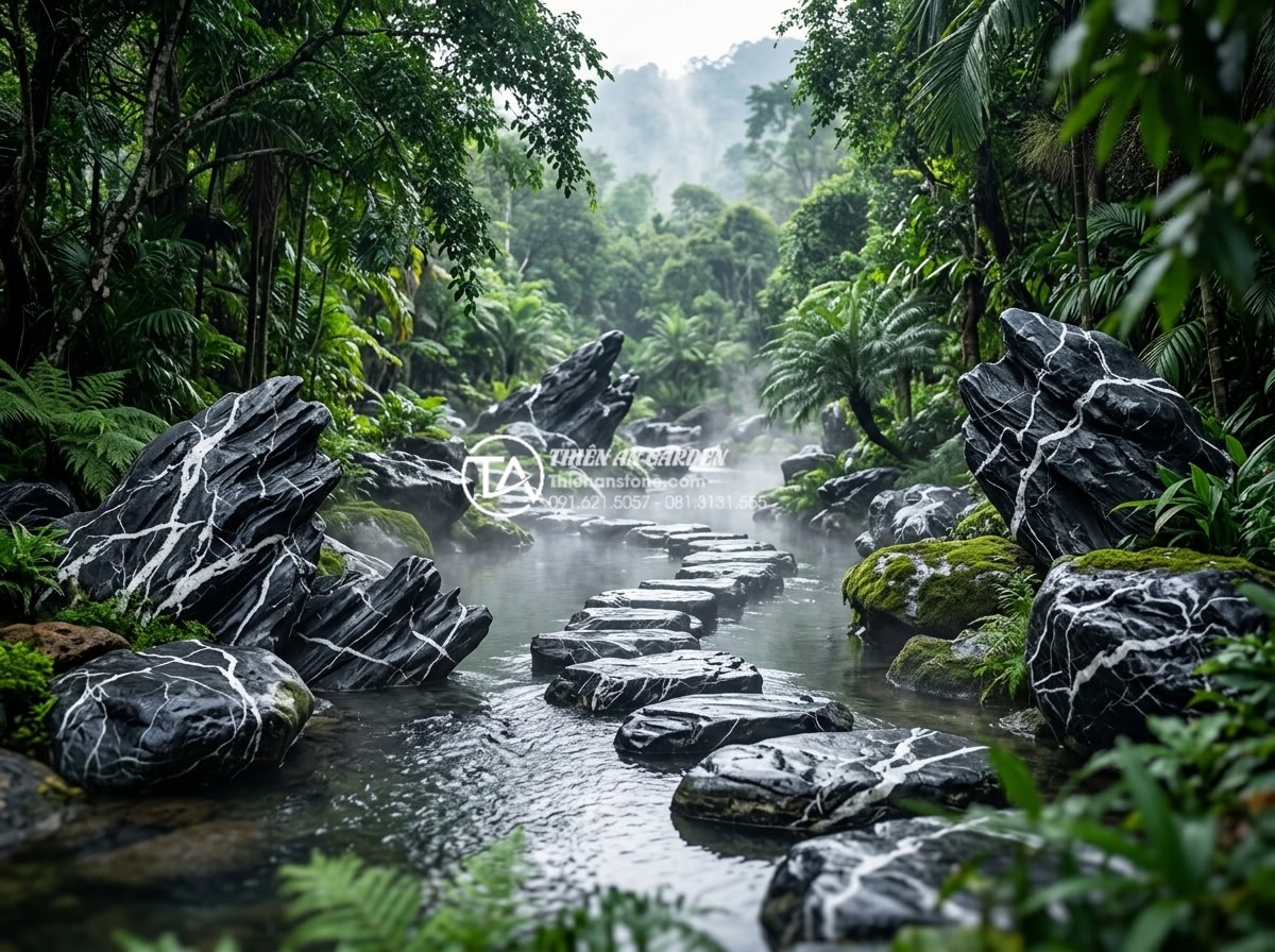 Tiểu Cảnh Non Bộ Sân Vườn - Wide angle view of natural wild rockery garden with large moss-covered boulders 
