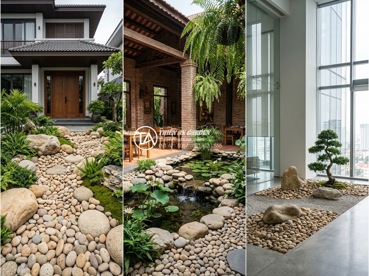 Tiểu Cảnh Non Bộ Sân Vườn - Garden rockery installation in different settings collage - luxury villa entranc