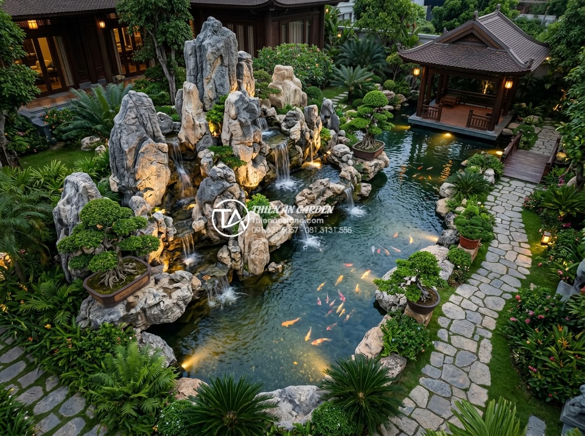 Tiểu Cảnh Non Bộ Sân Vườn - Luxury villa garden with grand rockery centerpiece featuring multi-tiered waterf