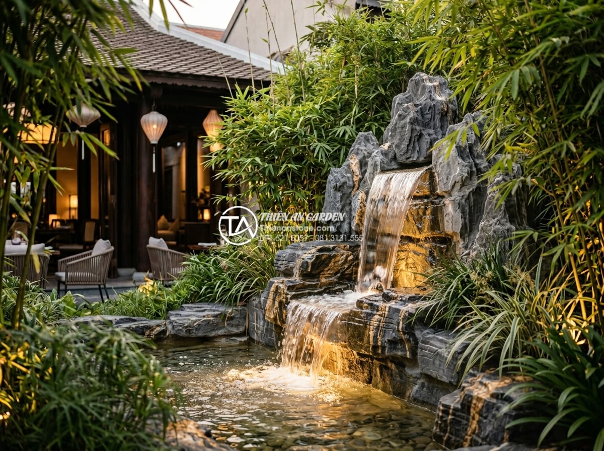 Tiểu Cảnh Non Bộ Sân Vườn - Elegant garden rockery in upscale restaurant courtyard, diners visible in backgr
