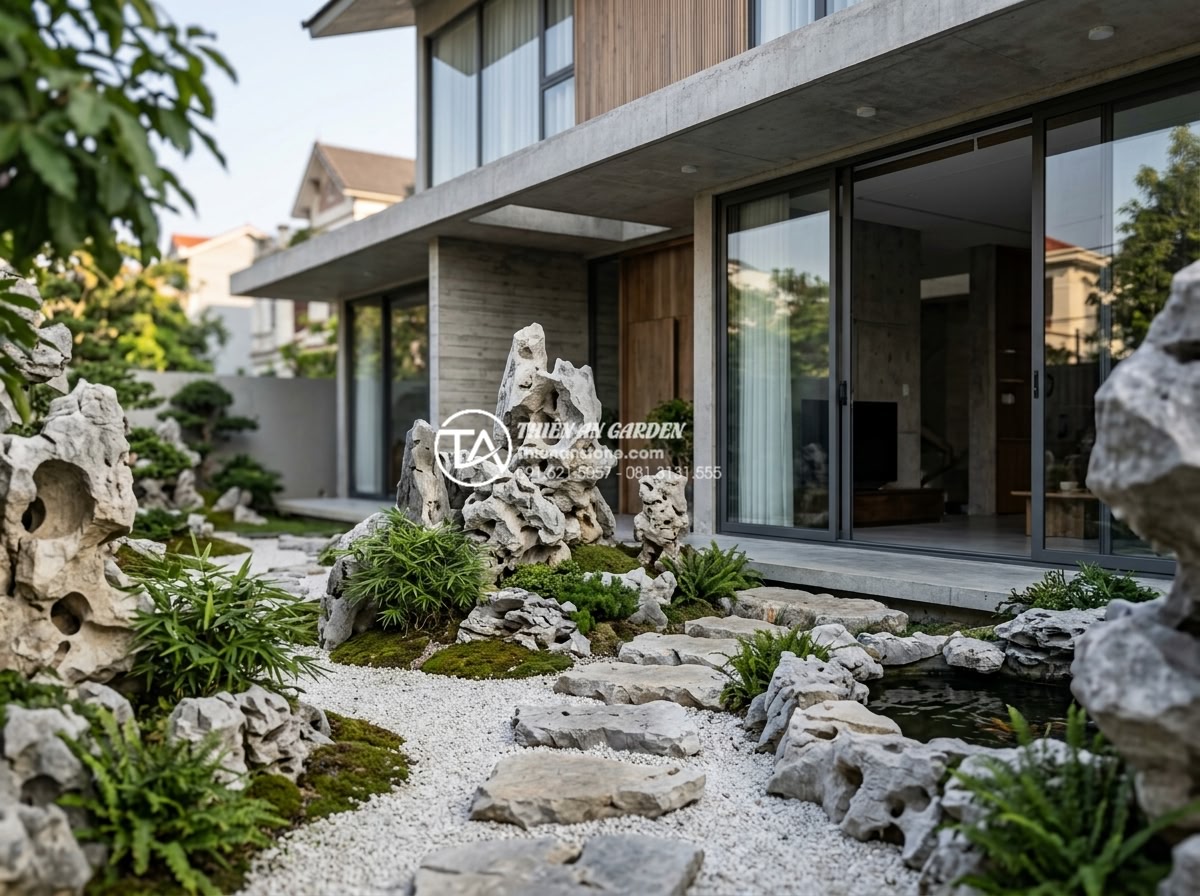 Tiểu Cảnh Non Bộ Sân Vườn - Architectural harmony between modern minimalist house and zen-style garden rocke