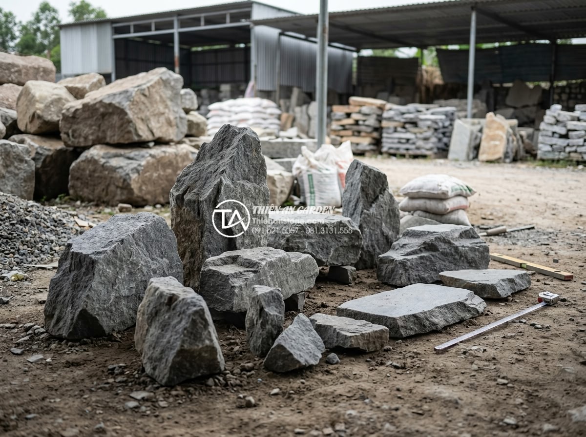 Tiểu Cảnh Non Bộ Sân Vườn - Homeowner consulting with landscape designer at natural stone yard, examining di
