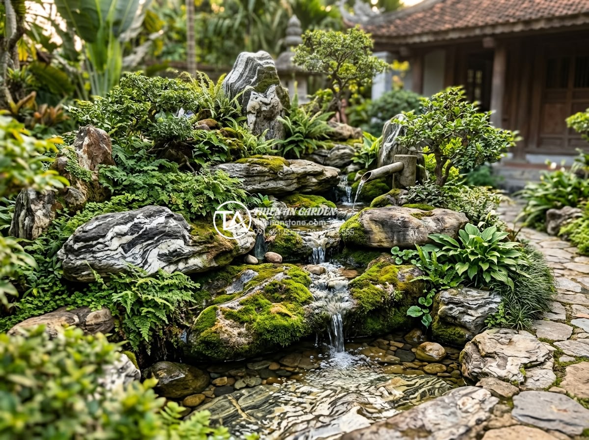 Tiểu Cảnh Non Bộ Sân Vườn - Well-maintained garden rockery after several years, showing beautifully aged sto