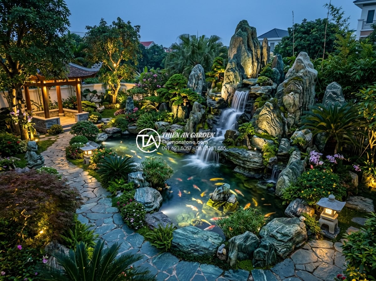 Tiểu Cảnh Non Bộ Sân Vườn - Finished premium garden rockery with all elements complete - stone peaks, waterf