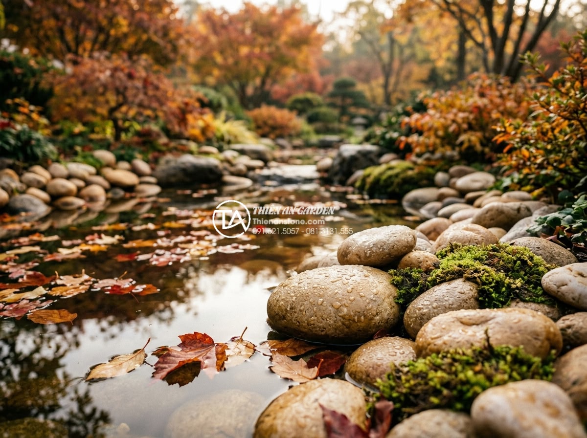 Tiểu Cảnh Non Bộ Sân Vườn - Seasonal transformation of garden rockery showing autumn leaves floating on wate