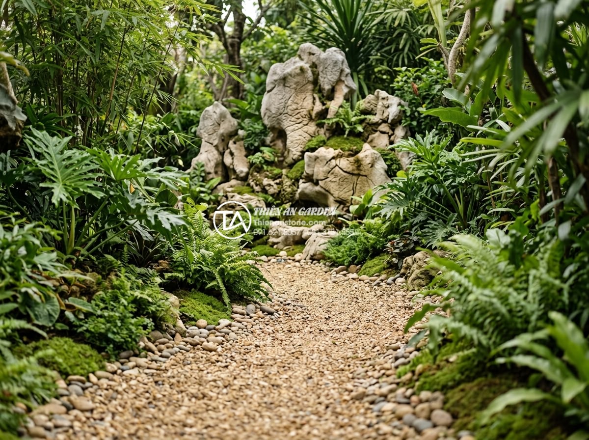 Tiểu Cảnh Non Bộ Sân Vườn - Garden pathway leading to rockery feature, winding gravel path through planted b