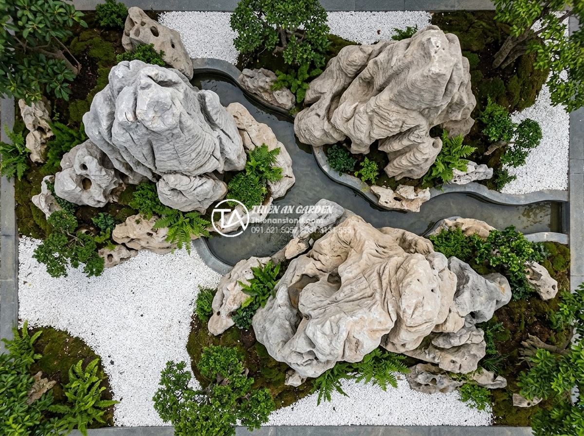 Tiểu Cảnh Non Bộ Sân Vườn - Overhead view of a carefully designed garden rockery layout showing three main s