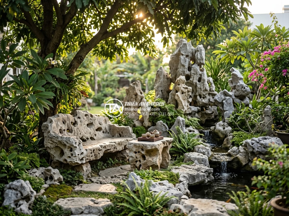 Tiểu Cảnh Non Bộ Sân Vườn - Cozy sitting area beside garden rockery with natural stone bench under shade tre