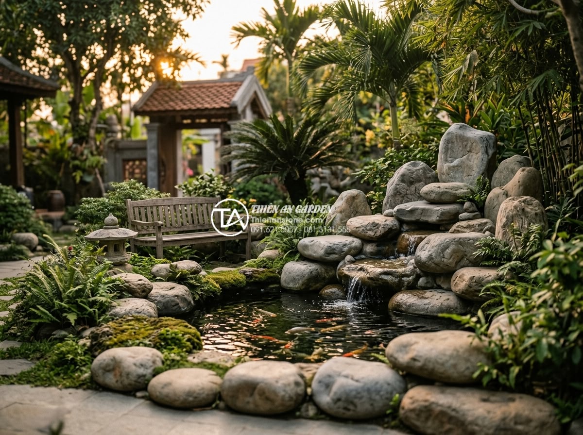 Tiểu Cảnh Non Bộ Sân Vườn - Emotional scene of family enjoying garden with beautiful rockery in background, 