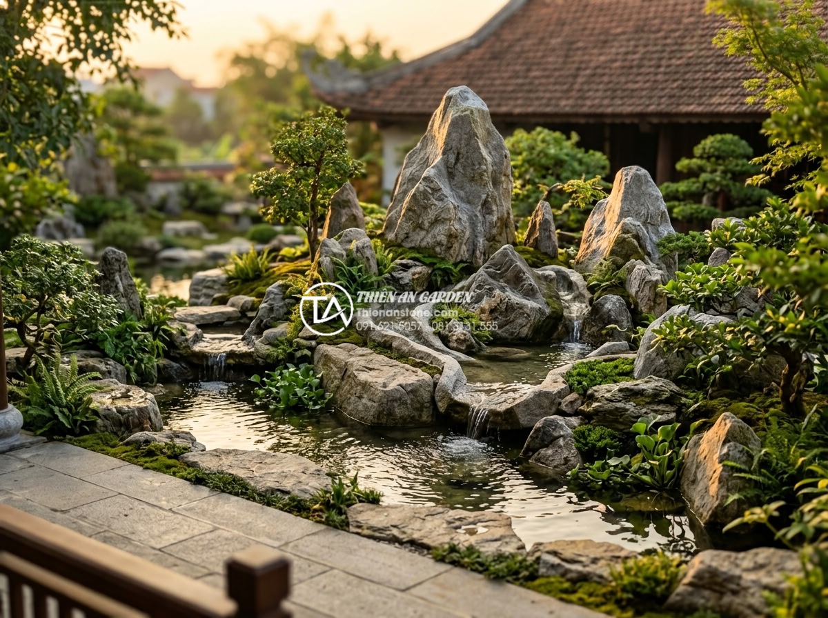 Tiểu Cảnh Non Bộ Sân Vườn - Stunning final showcase of completed premium garden rockery at golden hour, all 