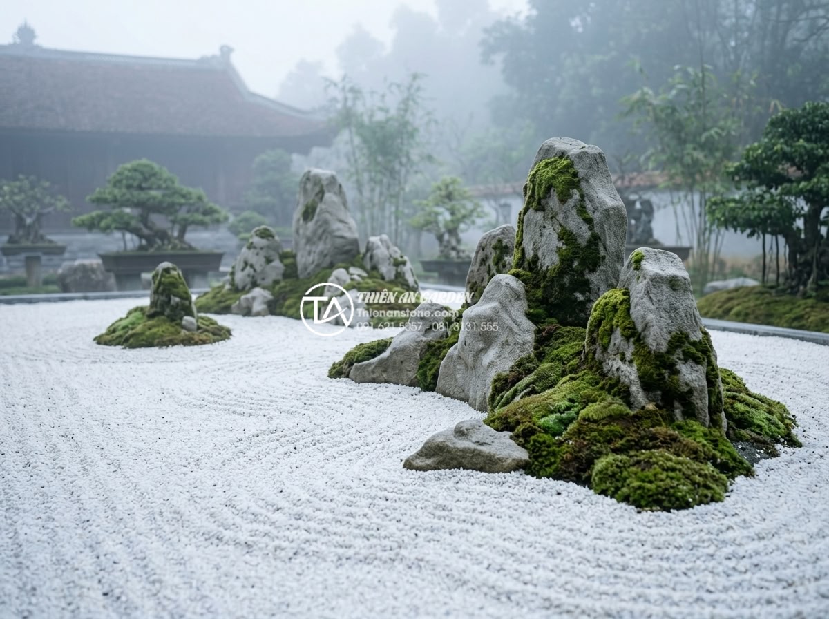 Tiểu Cảnh Non Bộ Sân Vườn - Zen-inspired garden rockery with deliberate empty spaces filled with raked white