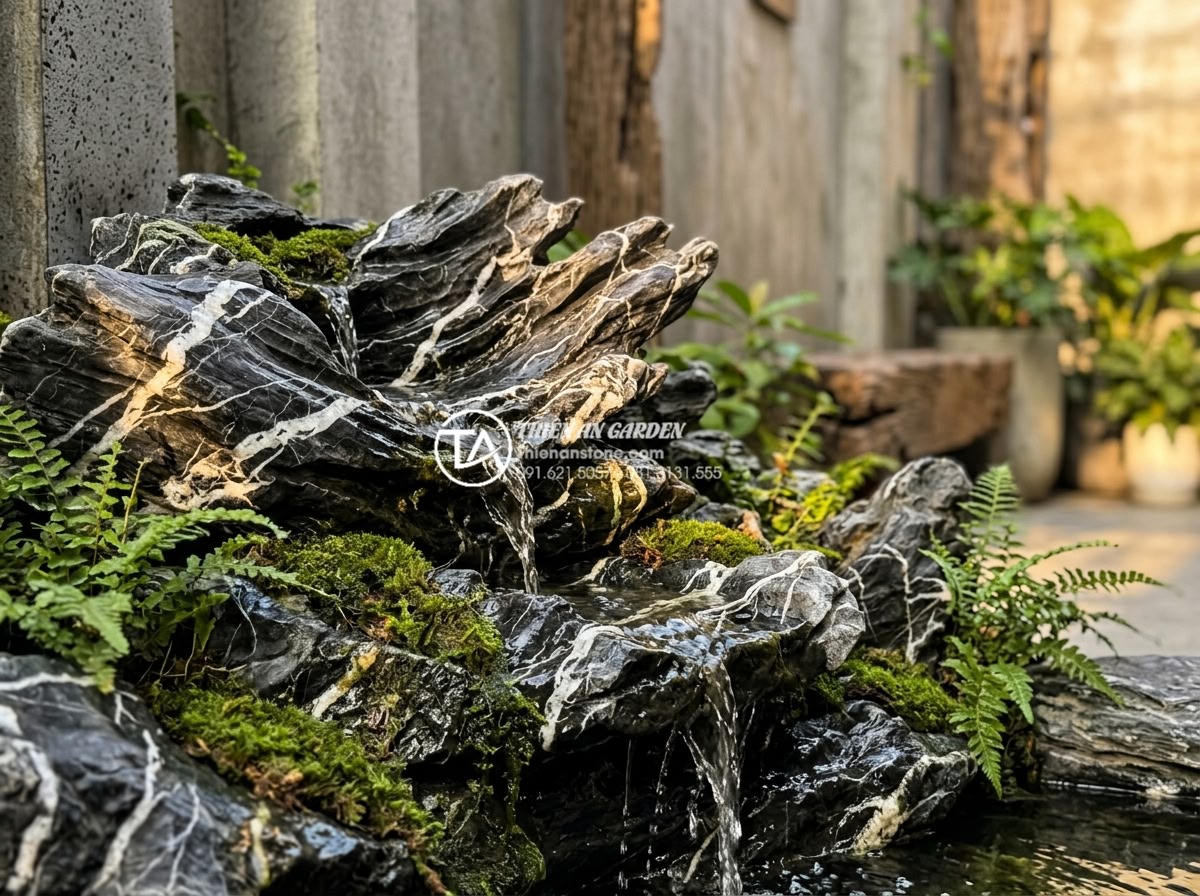 Tiểu Cảnh Nước - Hình 1 Tiểu Cảnh Nước - Ultra realistic photo of a small water feature in a modern Vietnamese townhouse