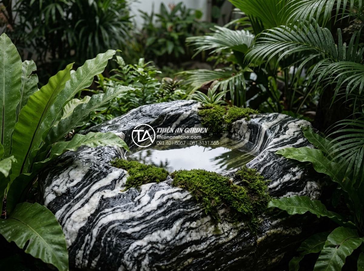 Tiểu Cảnh Nước - Hình 13 Tiểu Cảnh Nước - Garden water feature after rain, glistening wet natural stones with visible grai