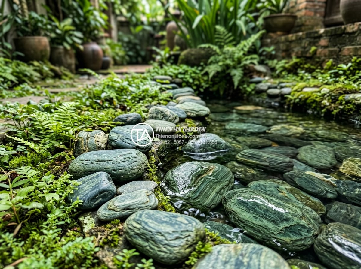 Tiểu Cảnh Nước - Hình 14 Tiểu Cảnh Nước - Natural river pebbles arranged along the edge of a small garden water feature, v