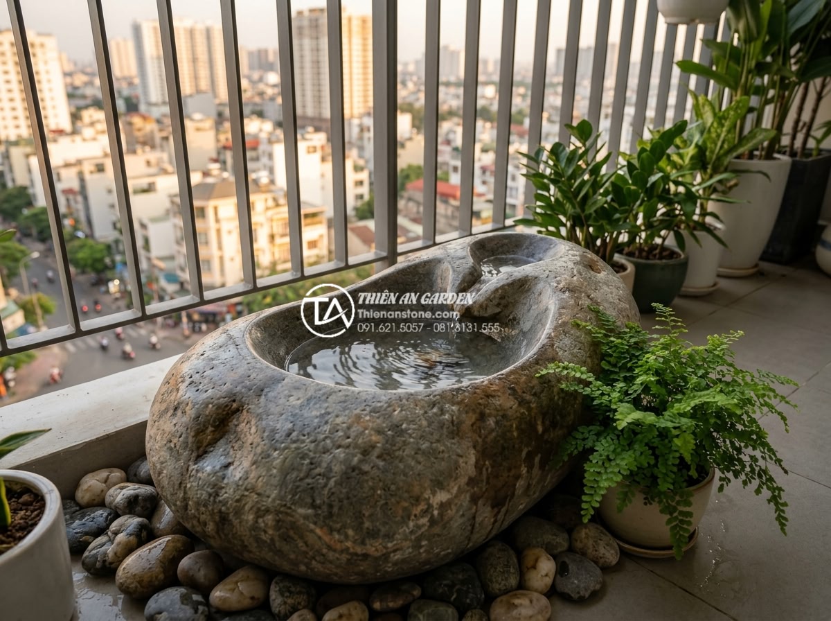Tiểu Cảnh Nước - Hình 18 Tiểu Cảnh Nước - Small compact water feature on a high-rise apartment balcony, natural stone basi