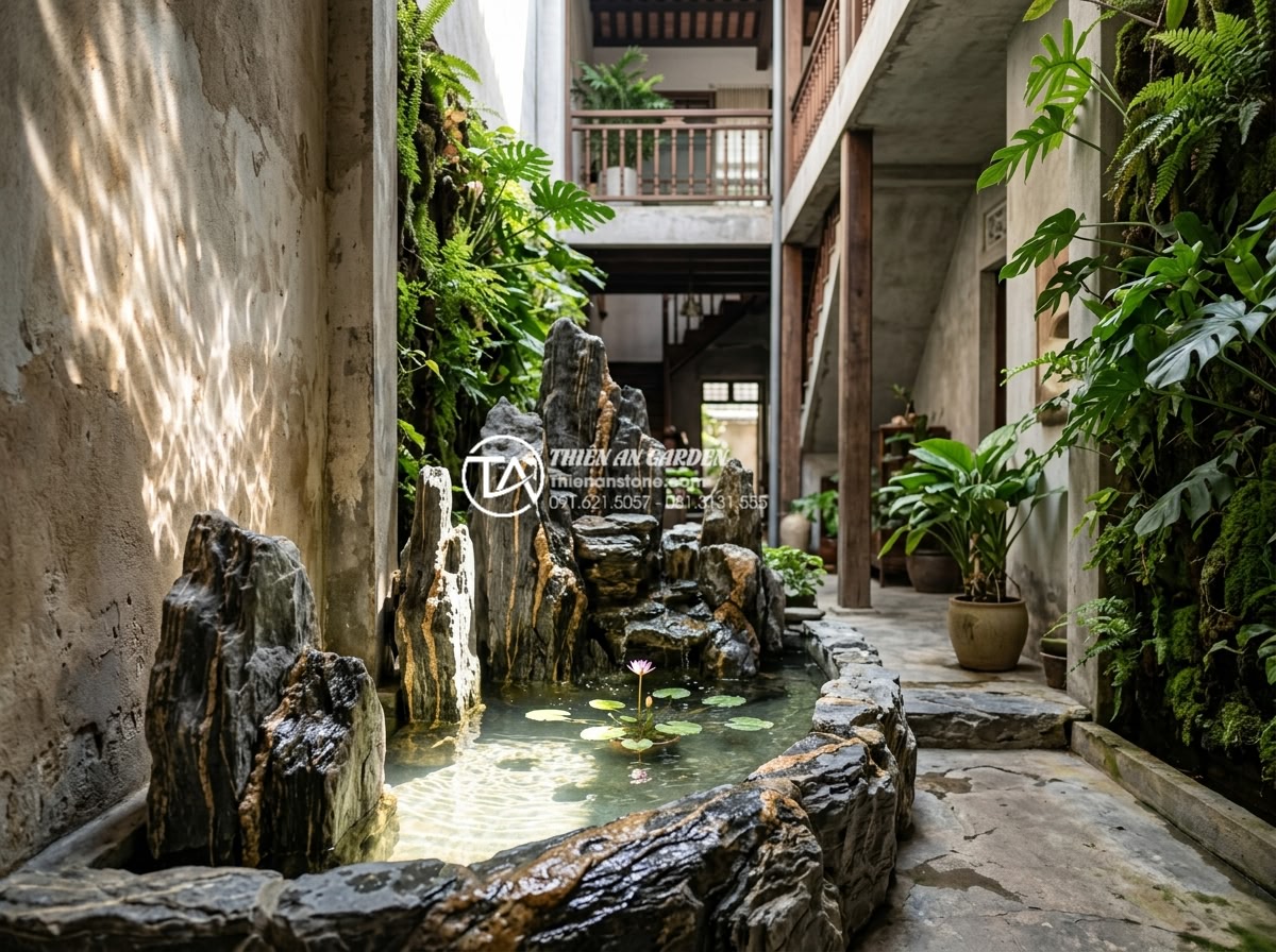 Tiểu Cảnh Nước - Hình 19 Tiểu Cảnh Nước - Indoor lightwell water feature in a Vietnamese townhouse, natural light streamin