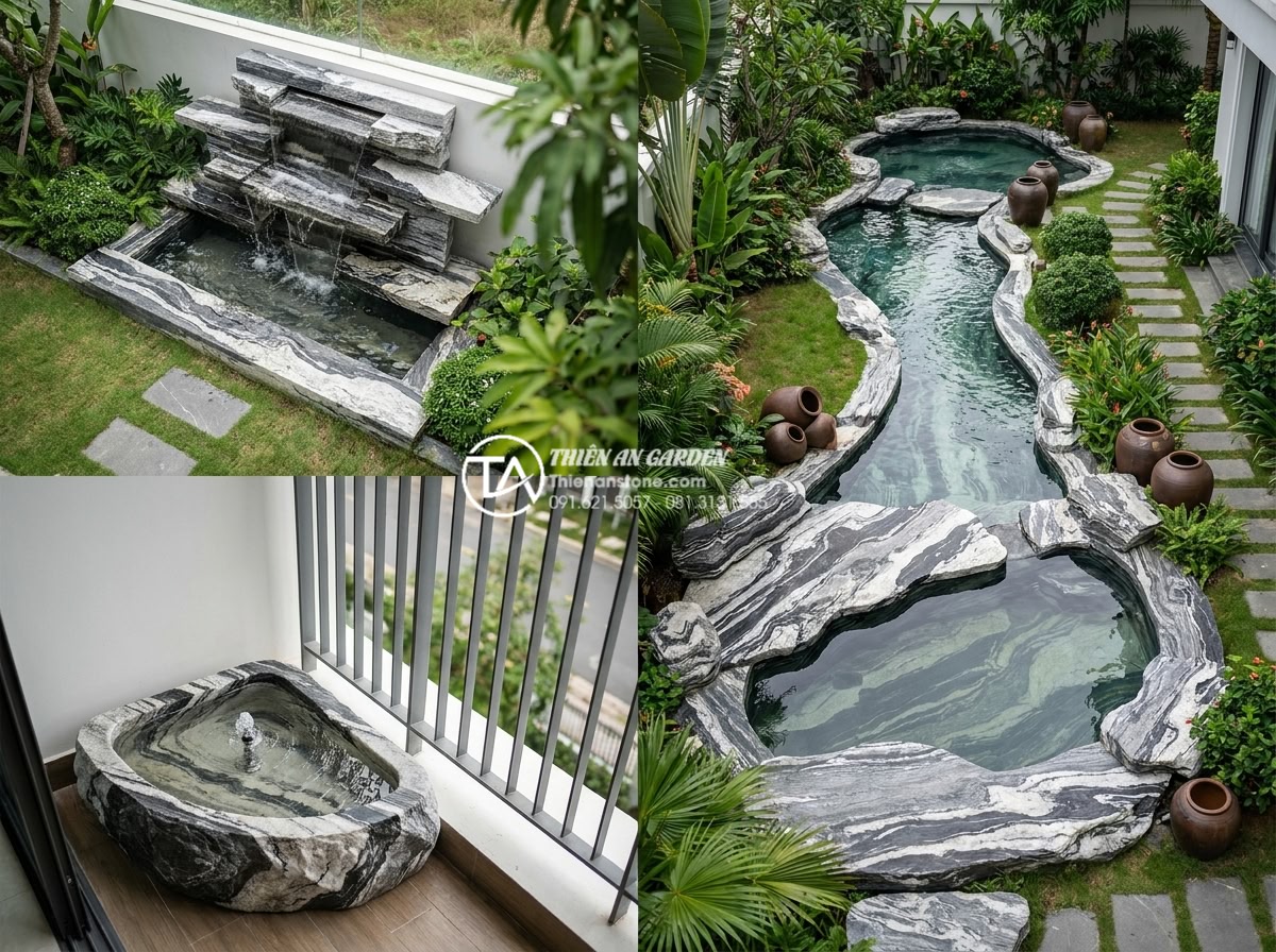 Tiểu Cảnh Nước - Hình 20 Tiểu Cảnh Nước - Bird eye view of multiple water feature sizes arranged in different garden space